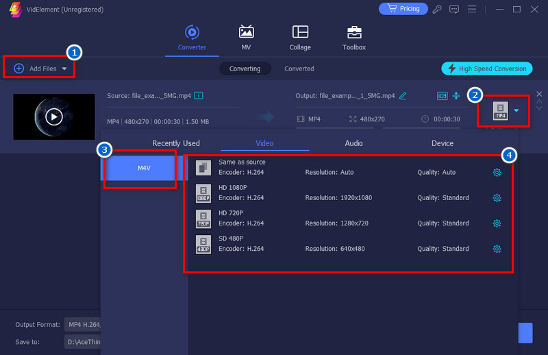 convert m4v and mp4 using acethinker videlement
