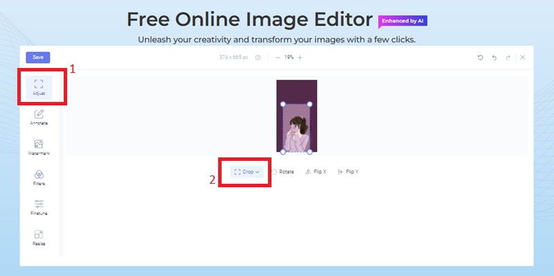 upload your image and adjust the size